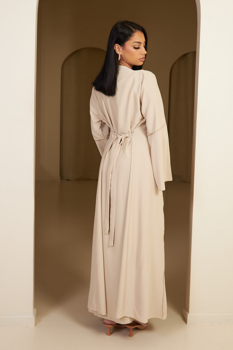 Ensemble 2 pièces abaya + gilet à enfiler beige et doré