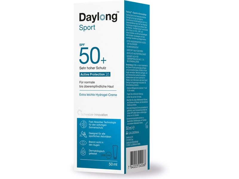 DAYLONG Sonnencreme Sport Active Protection Hydro SPF 50  5 Wasserfeste und schweissresistente Sonnencrème – perfekt beim Sport