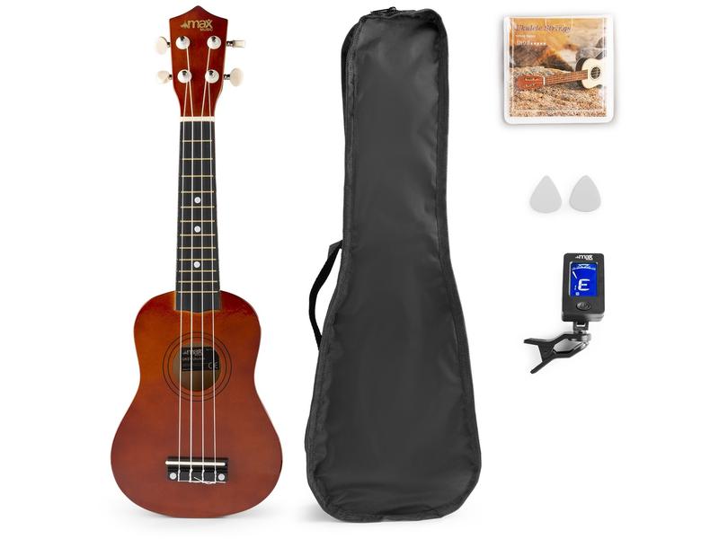 MAX Ukulele UKEY Set Soprano Dunkel Natur 21 Zoll Sopranukulele mit Tasche und Zubehör