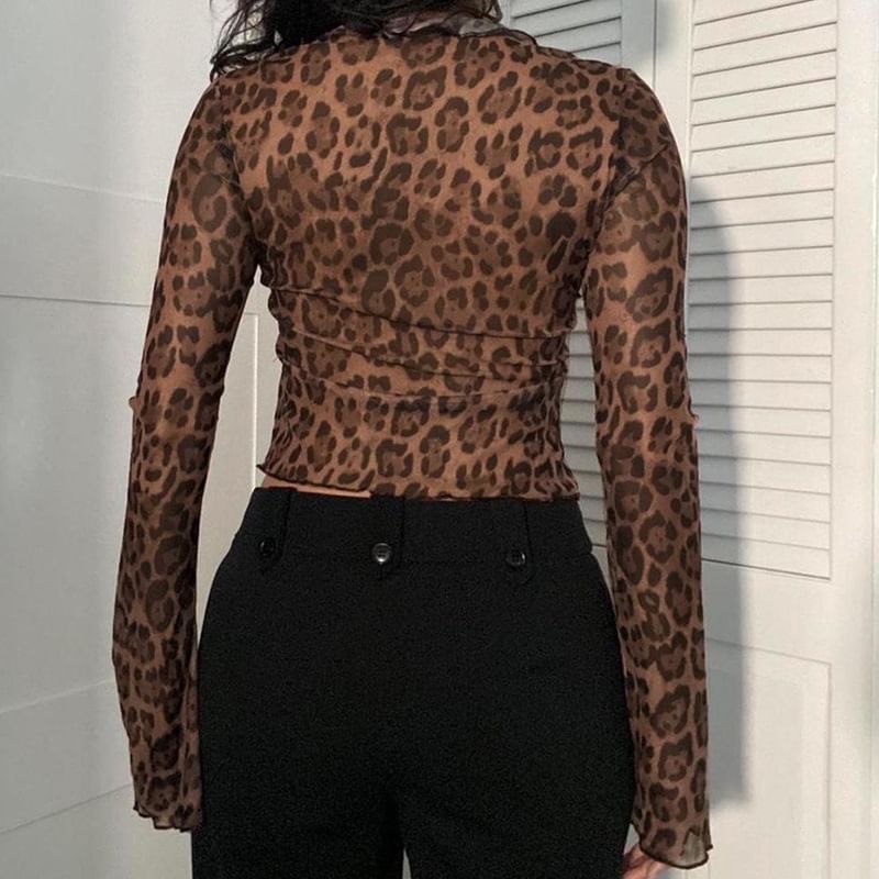 Trisica - Blouse met V-hals, luipaardprint, klokmouwen en striksluiting aan de voorkant