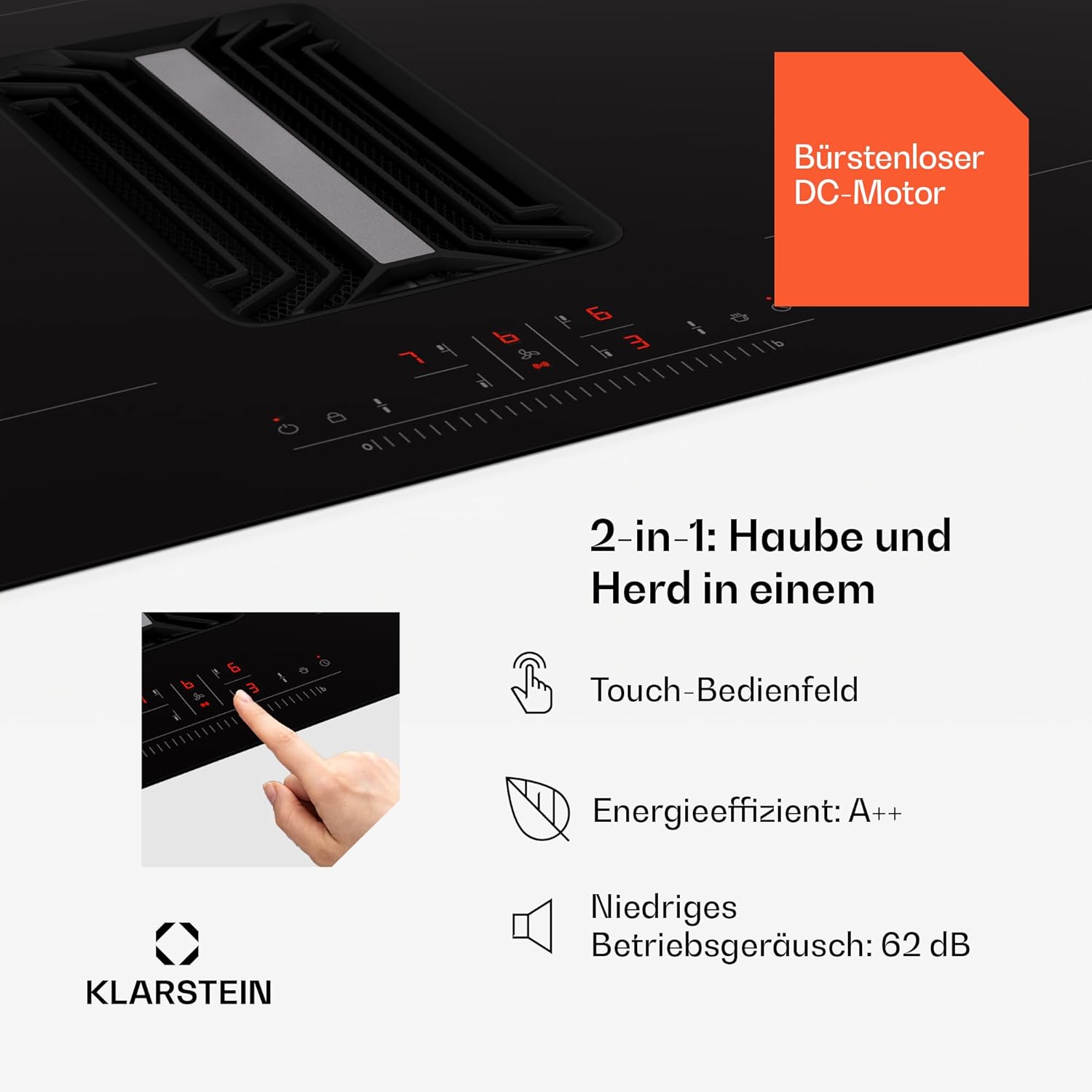 Klarstein 2-in-1 Kochfeld mit Dunstabzug Integriert 90cm, Induktionskochfeld mit Dunstabzug für Kochinsel, 4er Kochfeld mit Dunstabzug, 750 m³/h Luftstrom, Touch-Display, Energieeffizienz A