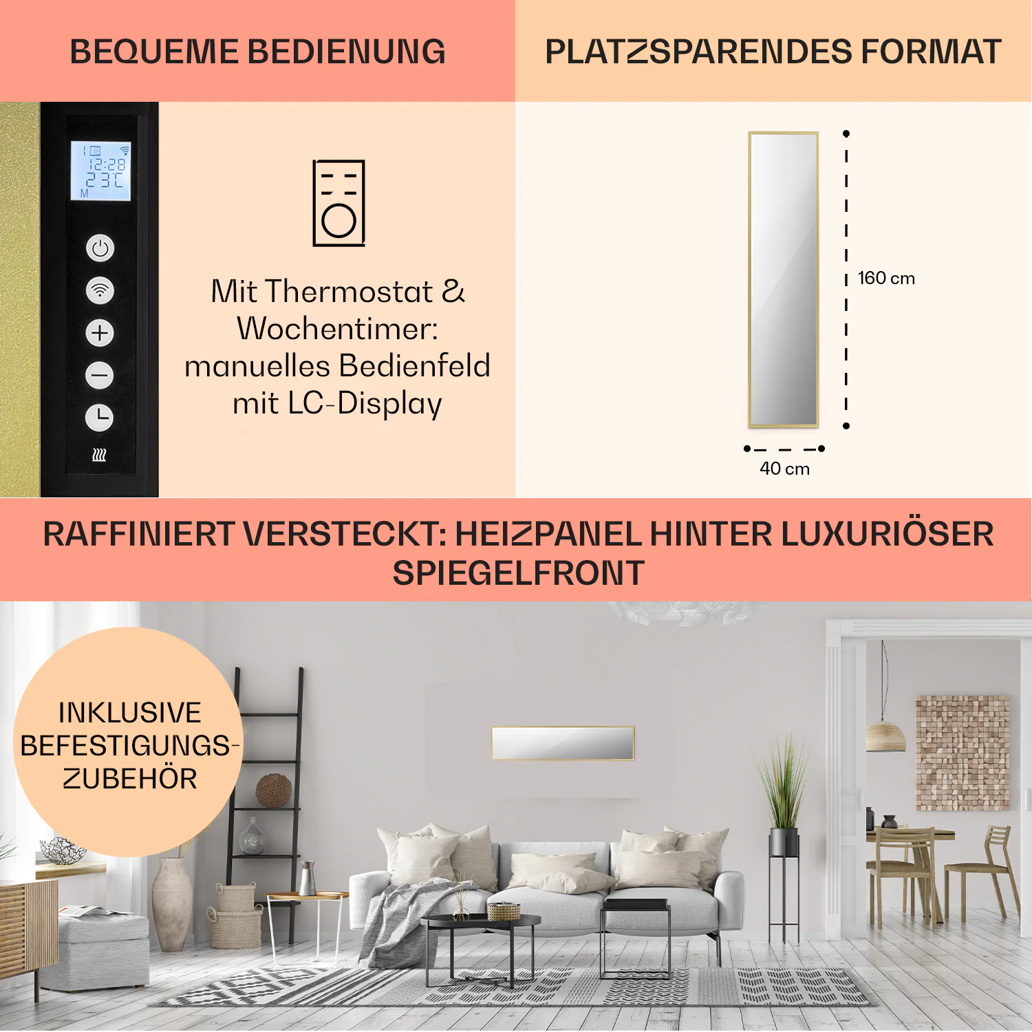 La Palma 900 smart Infrarotstrahler Konvektor 40x160cm 900W Spiegel Standfuß