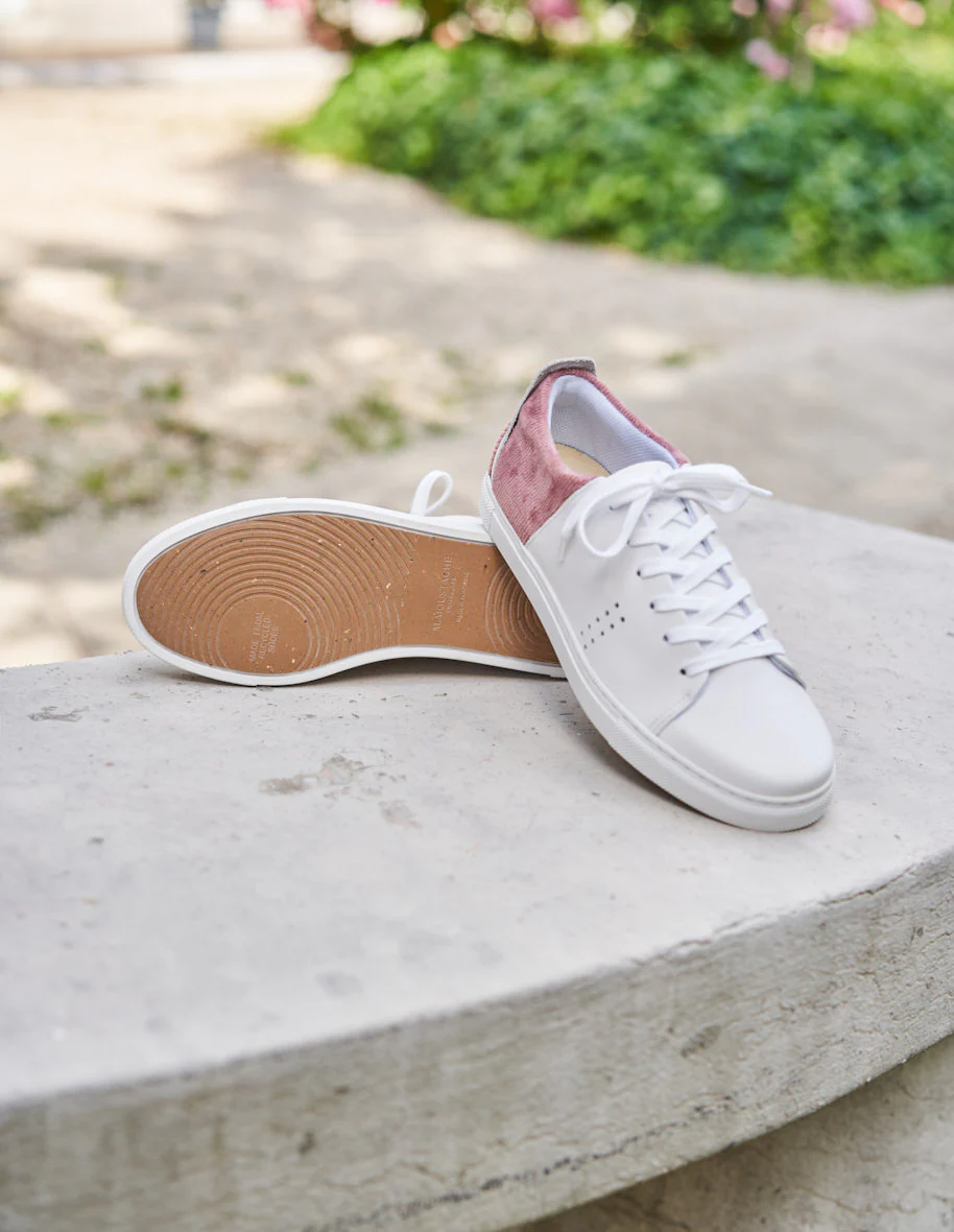 Baskets basses Renée - Cuir blanc et velours côtelé rose