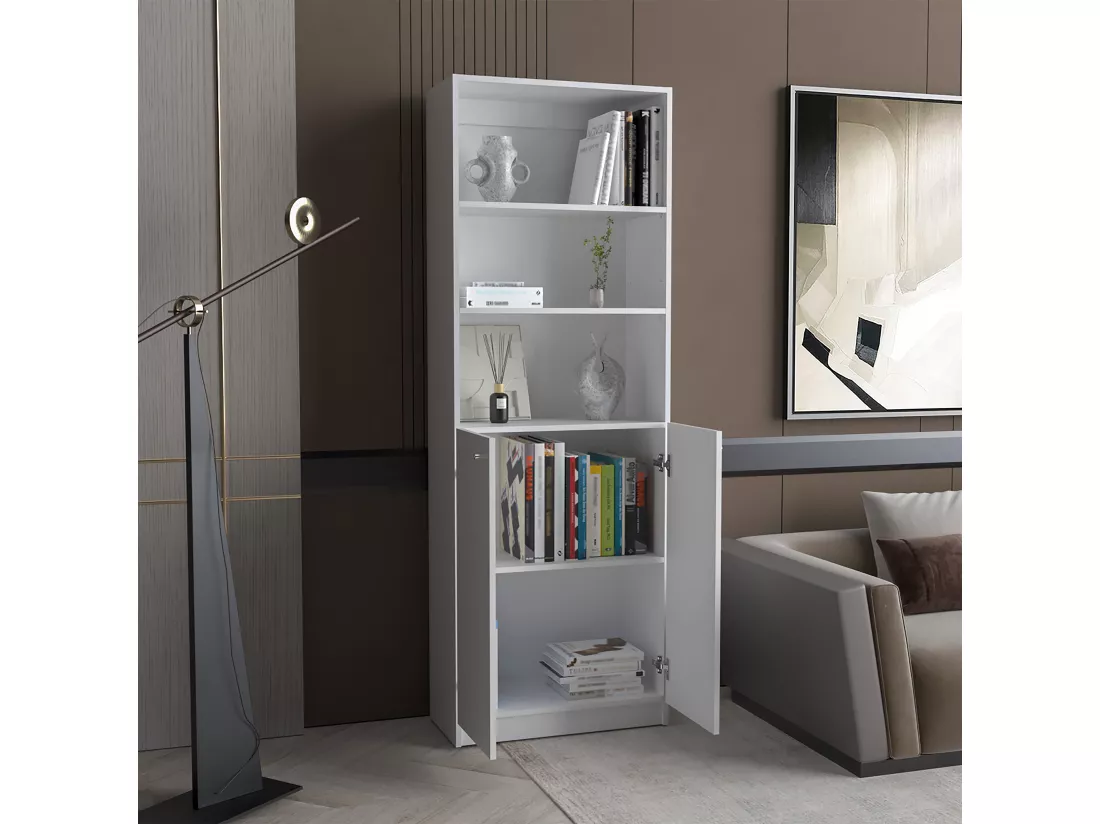 Bibliothèque droite en mélamine Home avec 2 portes et 3 étagères , 180.59 cm X 62.78 cm X 29.89 cm , Blanc