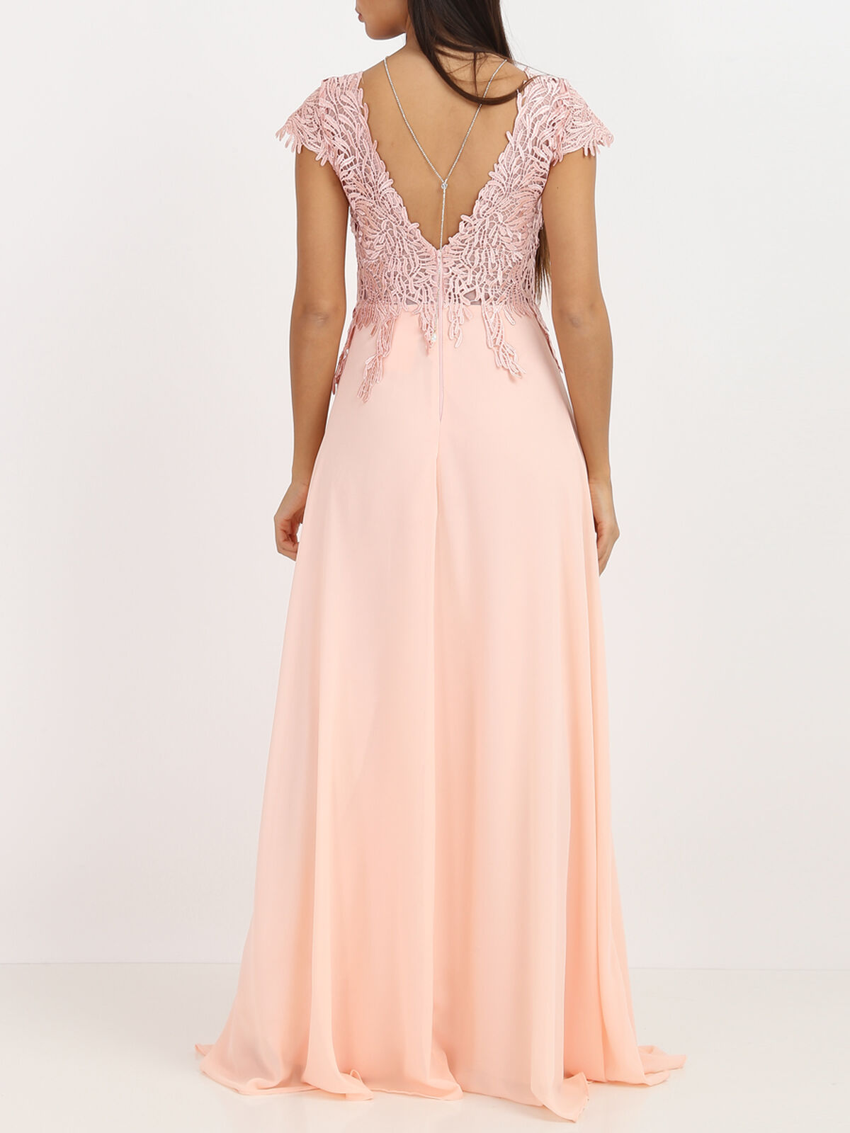 Robe longue dos nu à dentelle- Rose