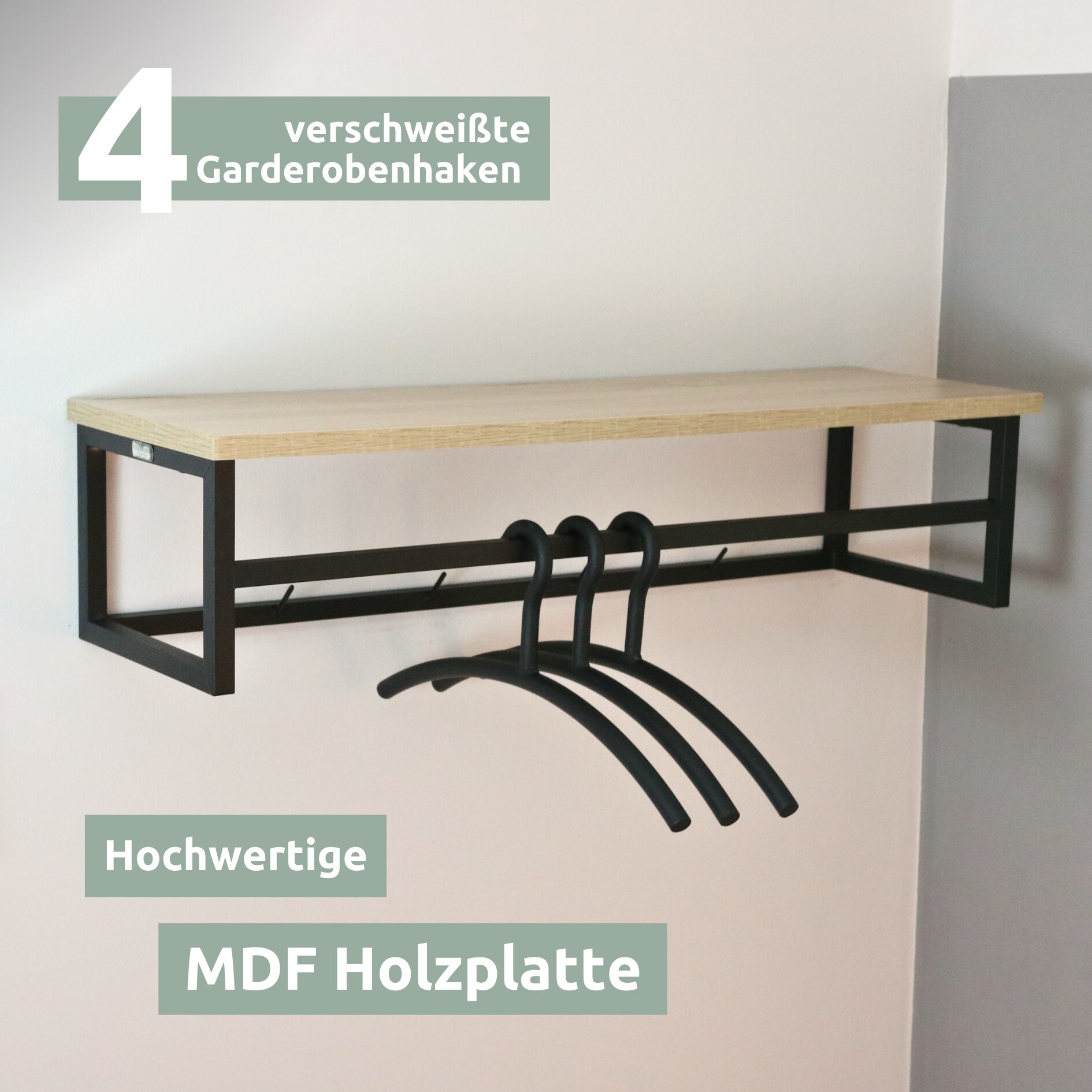 holz4home® Garderobe Sonoma Eiche - inkl. 3 Kleiderbügel aus Metall - Schwarz