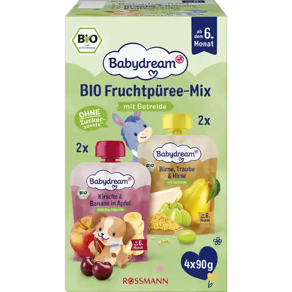 Bio Fruchtpüree-Mix Birne, Traube & Hirse + Kirsche & Banane in Apfel