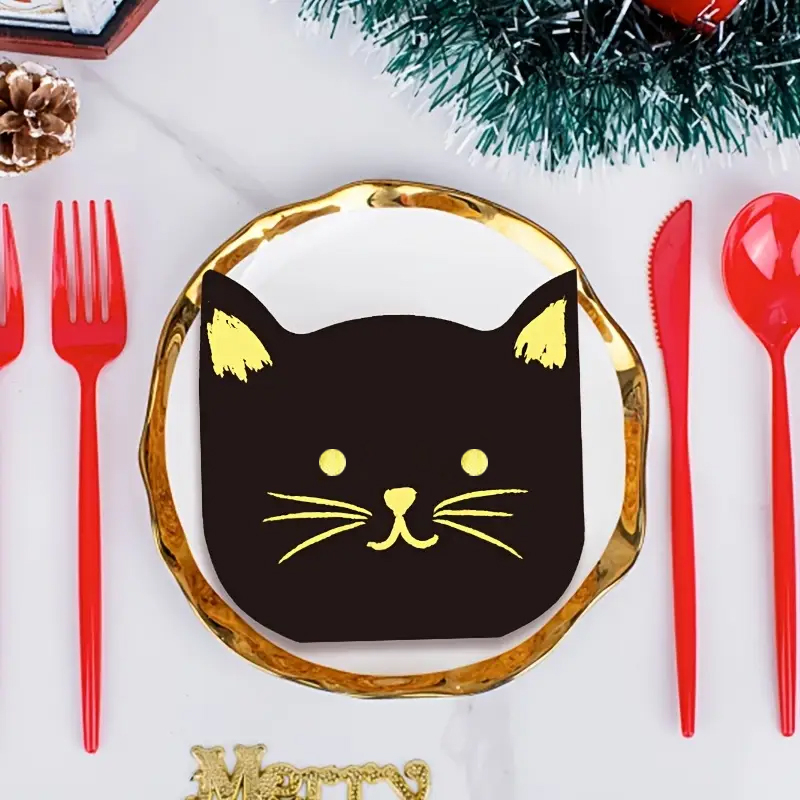(16er Set) 31x33cm Einweg Servietten Party Tisch Dekoration Katzen Design - Schwarz / Gold