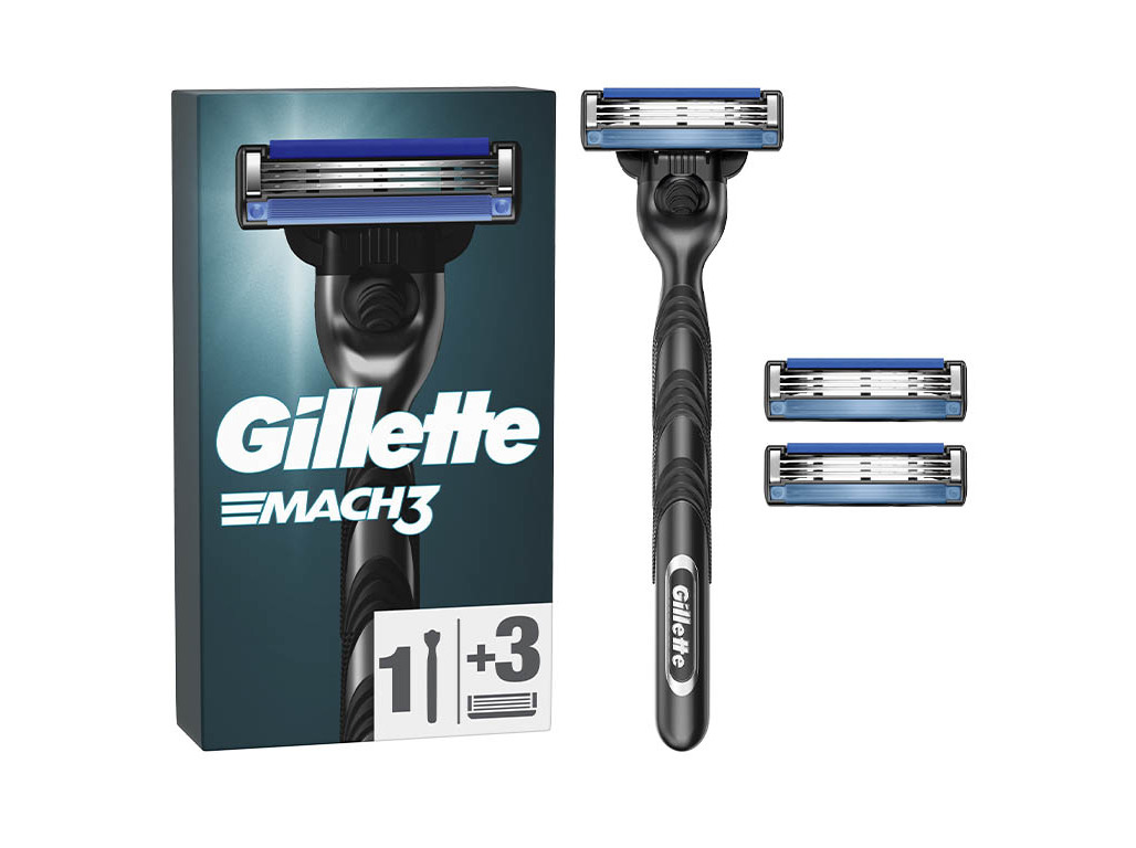 MÁQUINA DE BARBEAR COM 3 RECARGAS DE LÂMINAS MACH3 GILLETTE