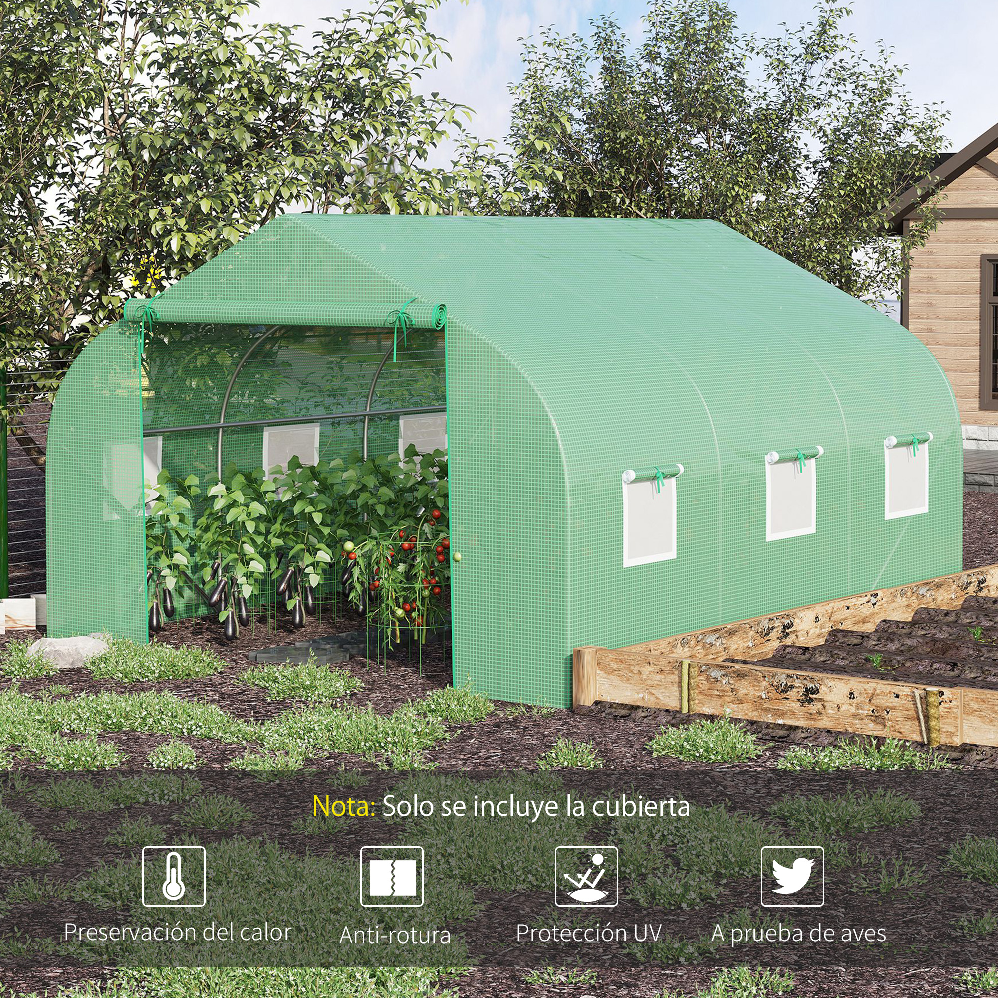 Capa de substituição Outsunny para estufa túnel 347x300x200 cm em polietileno com 7 janelas de malha respirável e porta de enrolar para proteção de plantas e jardins.