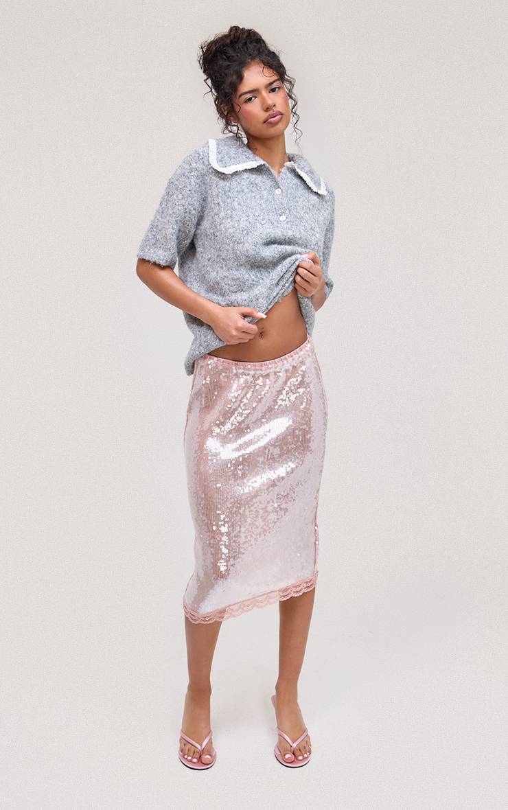 Rose Jupe Midaxi À Détails De Dentelle Et Sequins