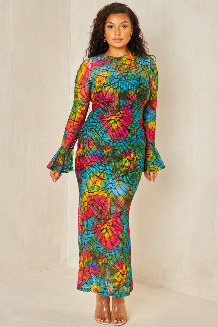 Robe longue bleue à chevrons en crochet