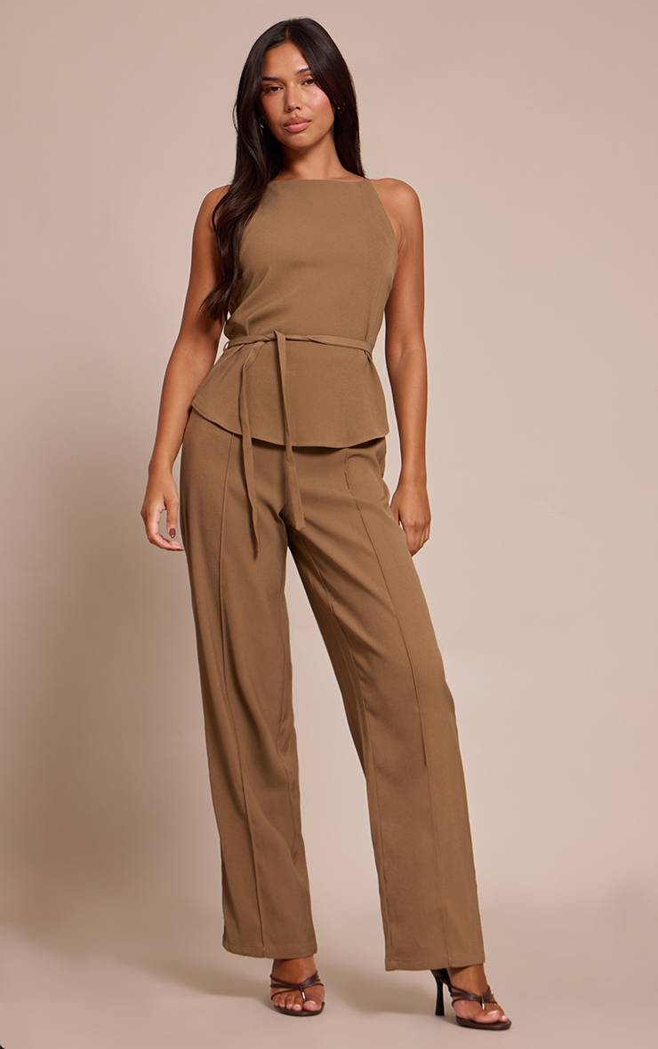 Taupe Combinaison Pantalon Droit En Tissu Tissé Avec Ceinture Nouée