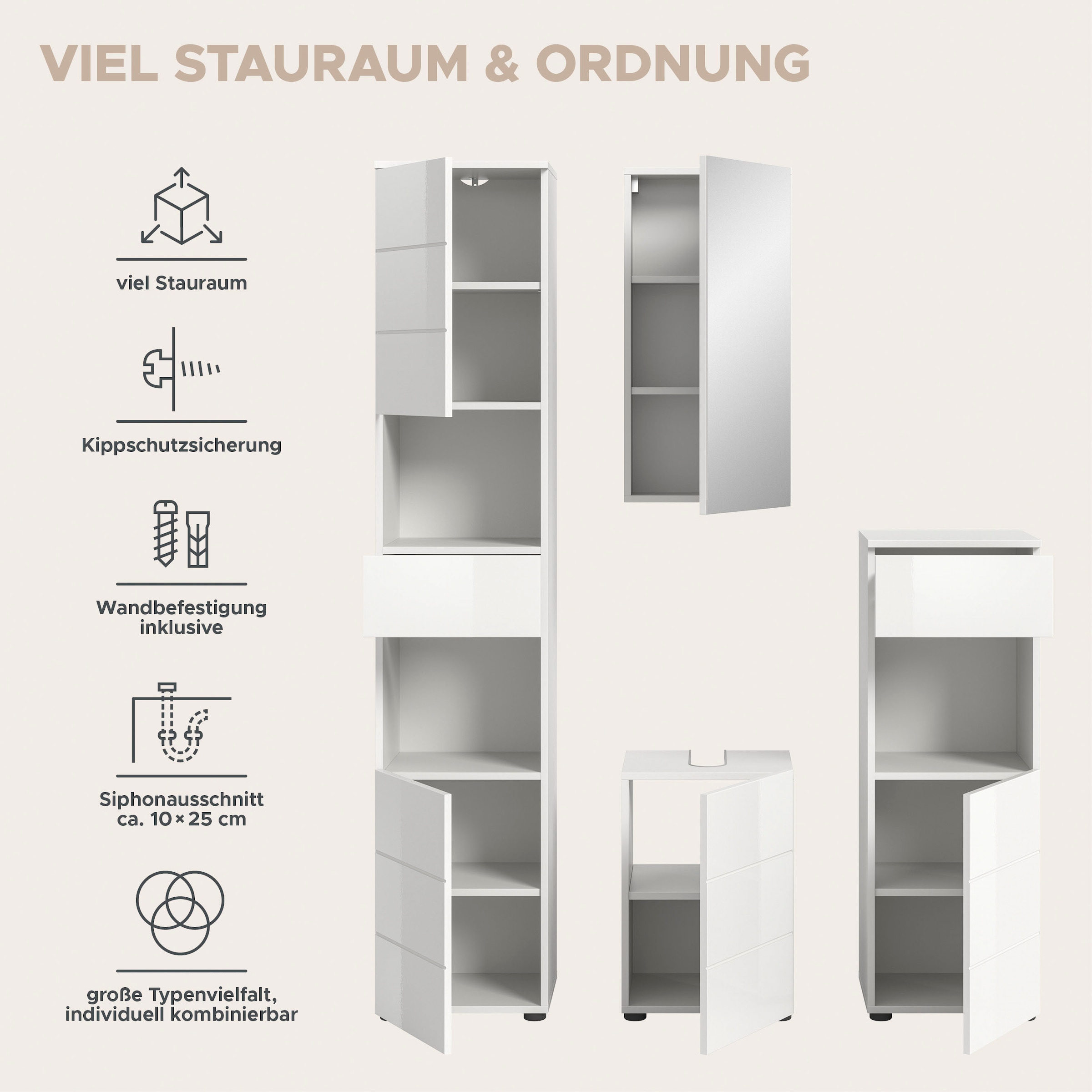welltime Badmöbel-Set »Biel, Höhe 190 cm, Hochschrank, Unterschrank, Spiegel, Standschrank« 4 Stk. tlg.