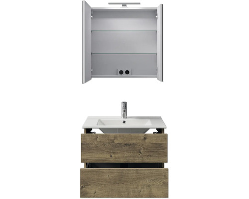 Pelipal Cavallino badkamermeubelset (B x H x D 75 x 200 x 45 cm), frontkleur eiken ribbeck, met witte keramische wastafel, badmeubel en spiegelkast met LED-verlichting