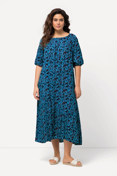 Midikleid, Ranken, Volantsaum, Rundhals, Halbarm