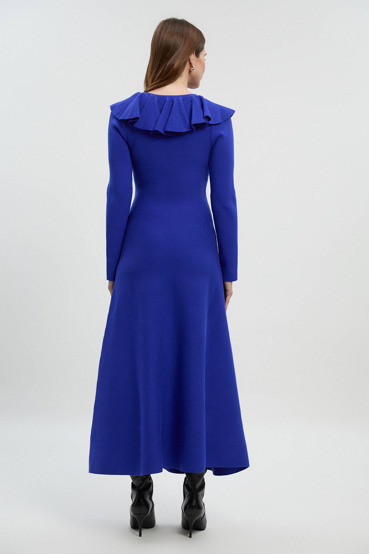 KarenMillen Robe Mi-Longue à Col V Volantée Aspect Laine Compacte