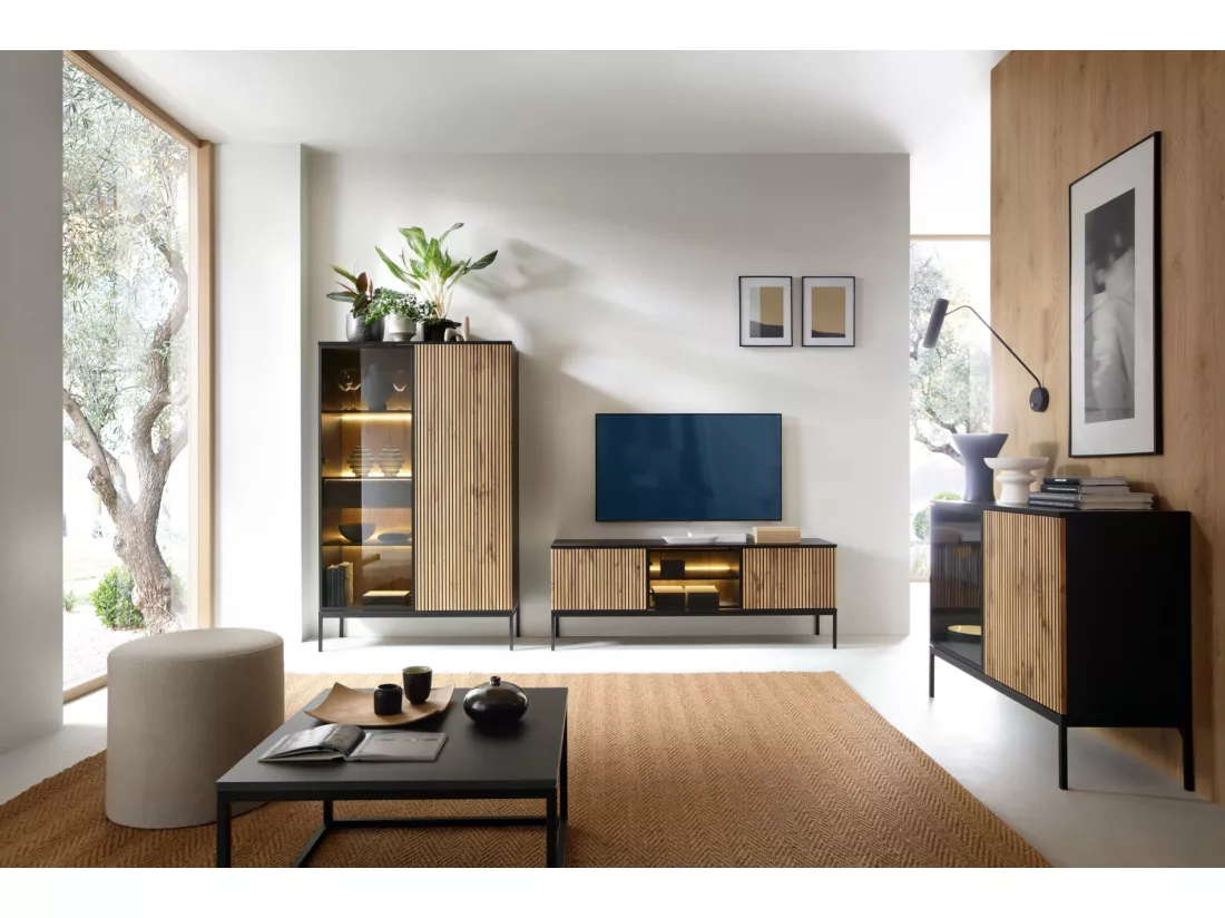 Buffet à deux portes avec éclairage LED - 104 cm - Noir/Chêne Wotan- TOSENA