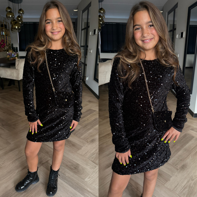 Glitterjurk met tasje - zwart
