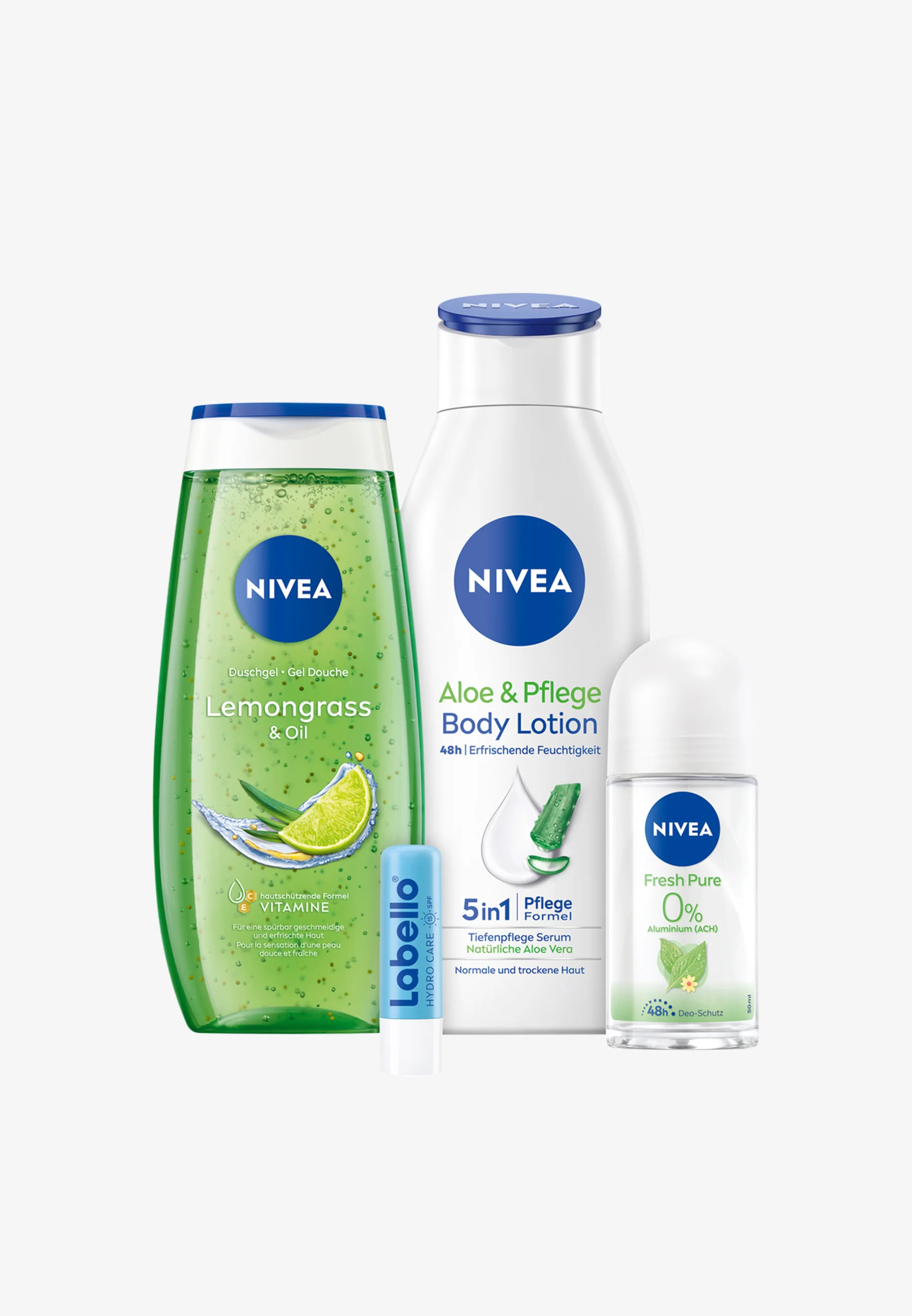 (4-tlg. Set) Happy Balance Pflege Geschenkset mit Duschgel / Body Lotion / Deo Roll-On inkl. Labello Lippenpflege