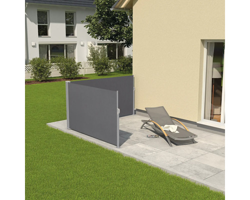 Dubbele zijluifel, uitschuifbaar, 1,6x3x3 cm, doek effen antraciet, frame RAL 9006 wit aluminium met afneembare paal