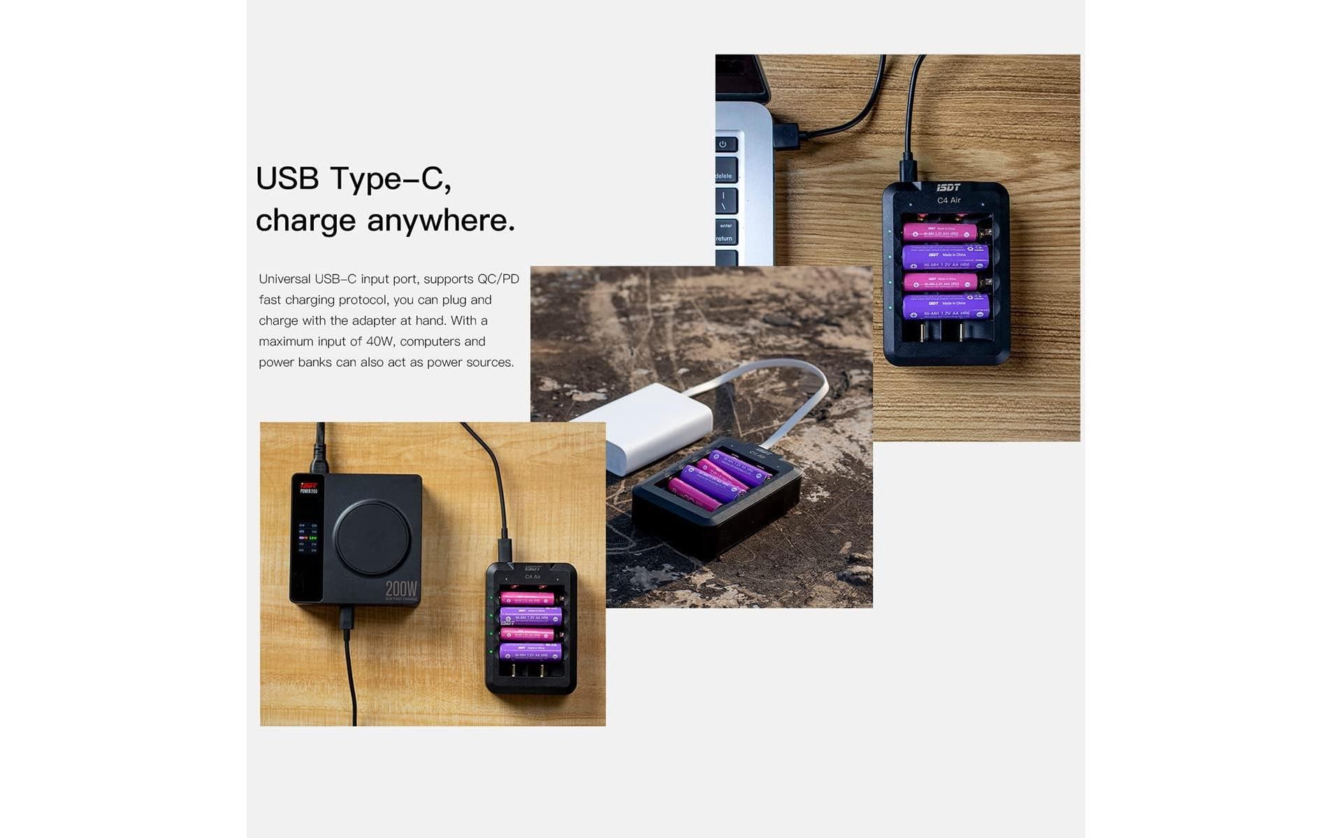 Ladegerät C4 Air USB-CLadegerät für Li-Ion, Li-fe, NiMH und NiZn Rundzellen wie 18650, AA, AAA und viele mehr