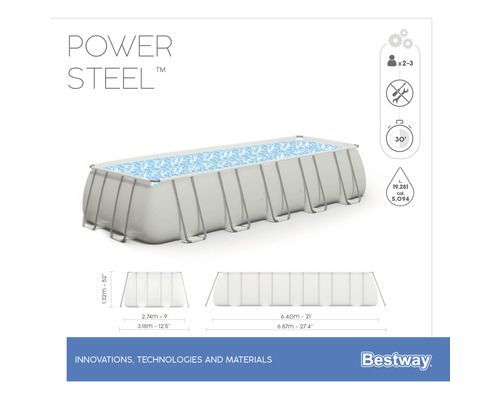 Bovengronds zwembadframe zwembadset Bestway Power Steel™ rechthoekig 640x274x132 cm incl. zandfiltersysteem grijs