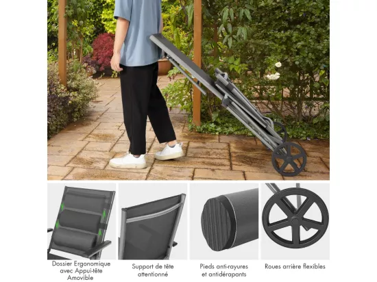 Chaise Longue de Jardin Inclinable Pliable en Aluminium avec Roulettes 7 Dossier Réglable Appuie-Tête Amovible Charge 150KG