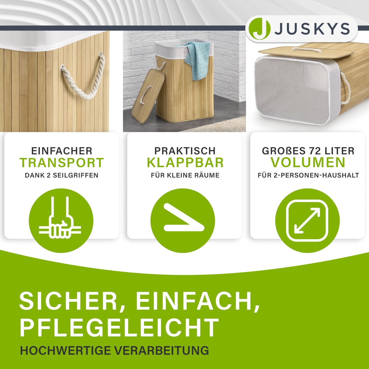 Juskys Bambus Wäschekorb Curly 72 Liter mit Stoff Wäschesack & Tragegriffen | Wäschebox in Natur