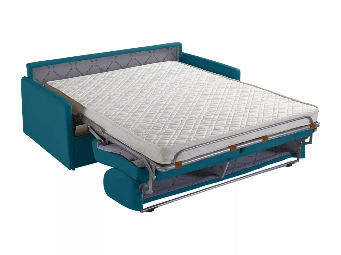 Canapé 2 places convertible express en tissu bleu turquoise - Couchage 120 cm - Matelas 14 cm CALIFE