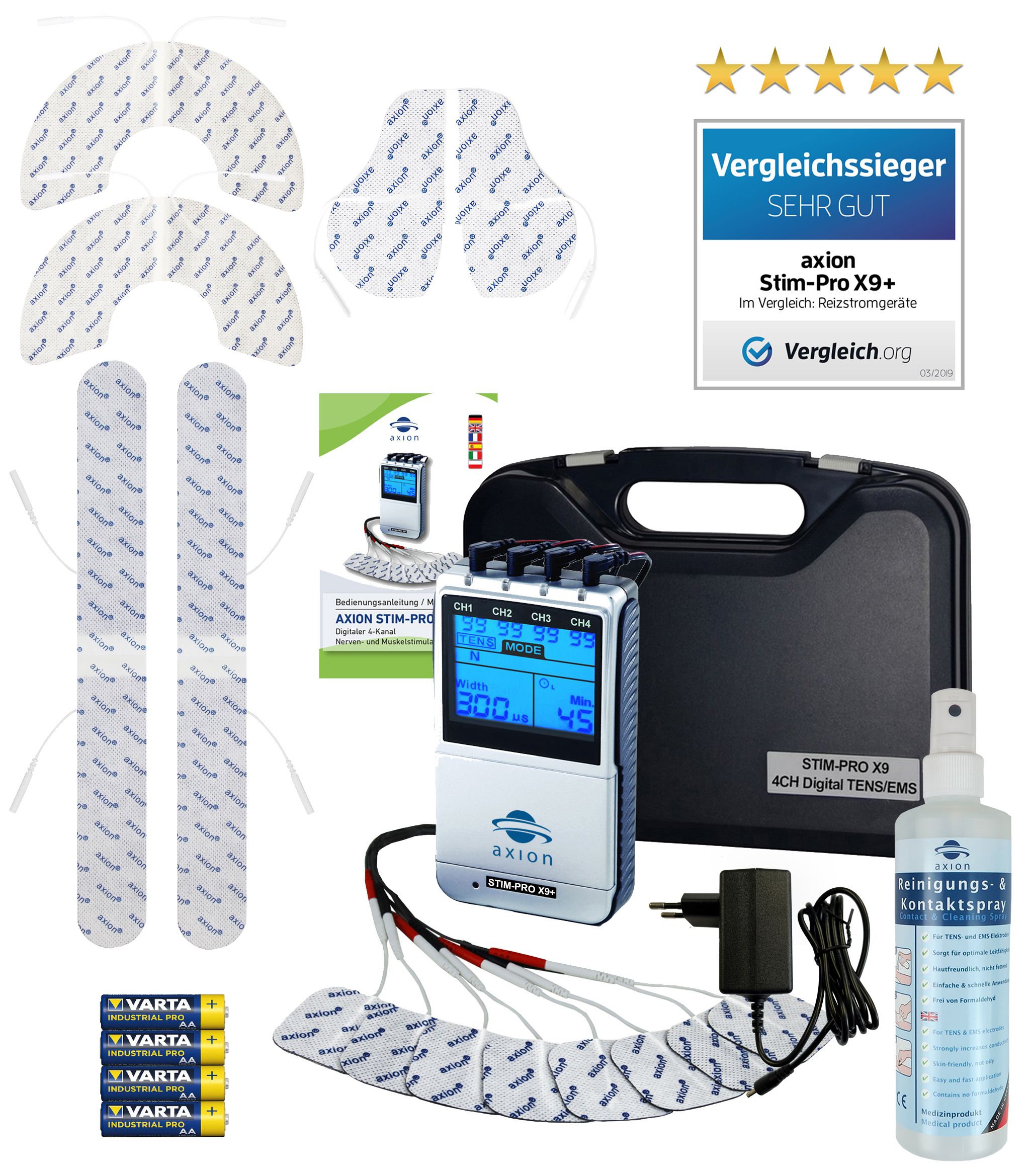 axion® 4 Kanal TENS EMS Kombigerät STIM-PRO X9+ mit Spray und Rückenelektrodenset
