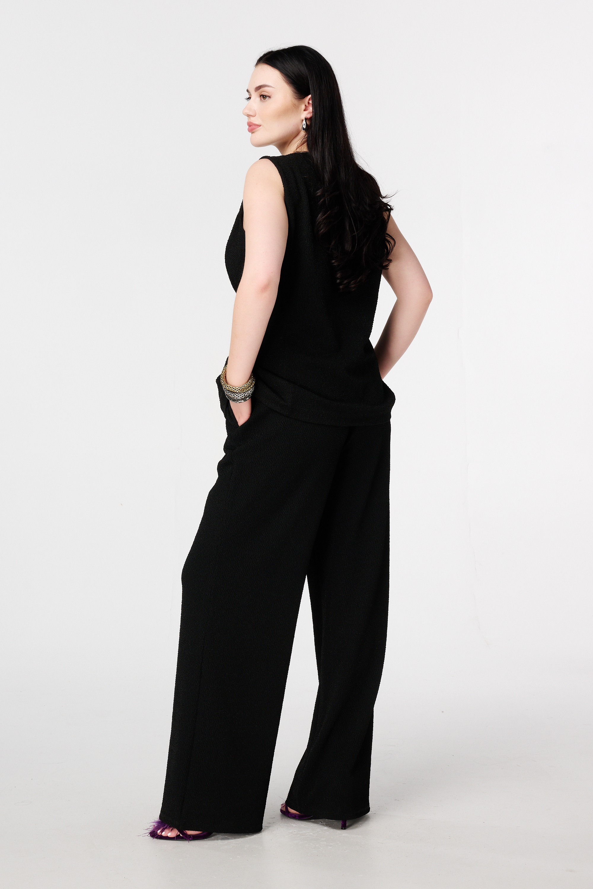 Broek met lurex en elastische tailleband Zwart