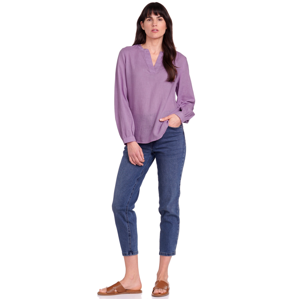 Gina Benotti Damen Leinen-Bluse mit kurzem Stehkragen helllila