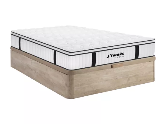 Ensemble 160 x 200 cm sommier coffre naturel clair + matelas anti-feu ressorts ensachés et surmatelas intégré ép.28cm - DELICE de YSMÉE HÔTEL