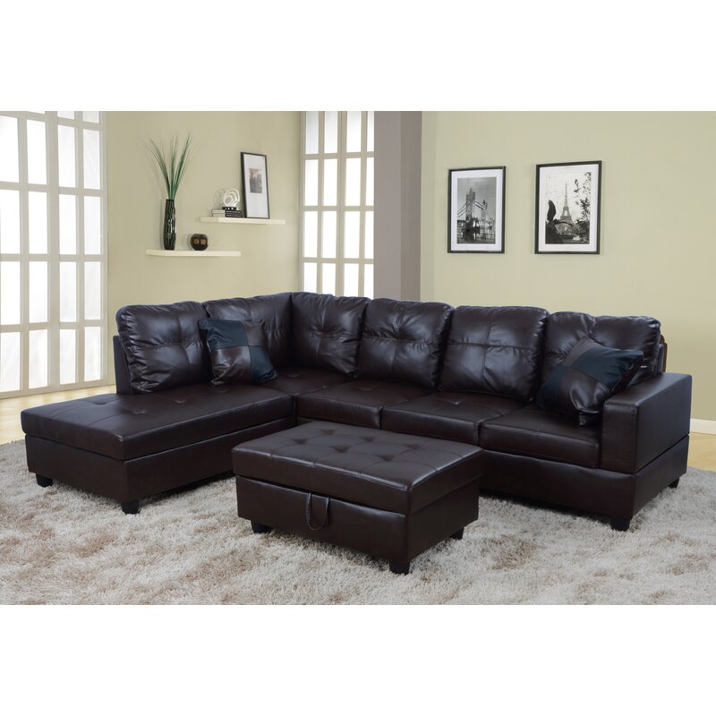 Wilhelmine 103.5&prime;&prime; Wide Faux Leather Sofa & Chaise With Ottoman