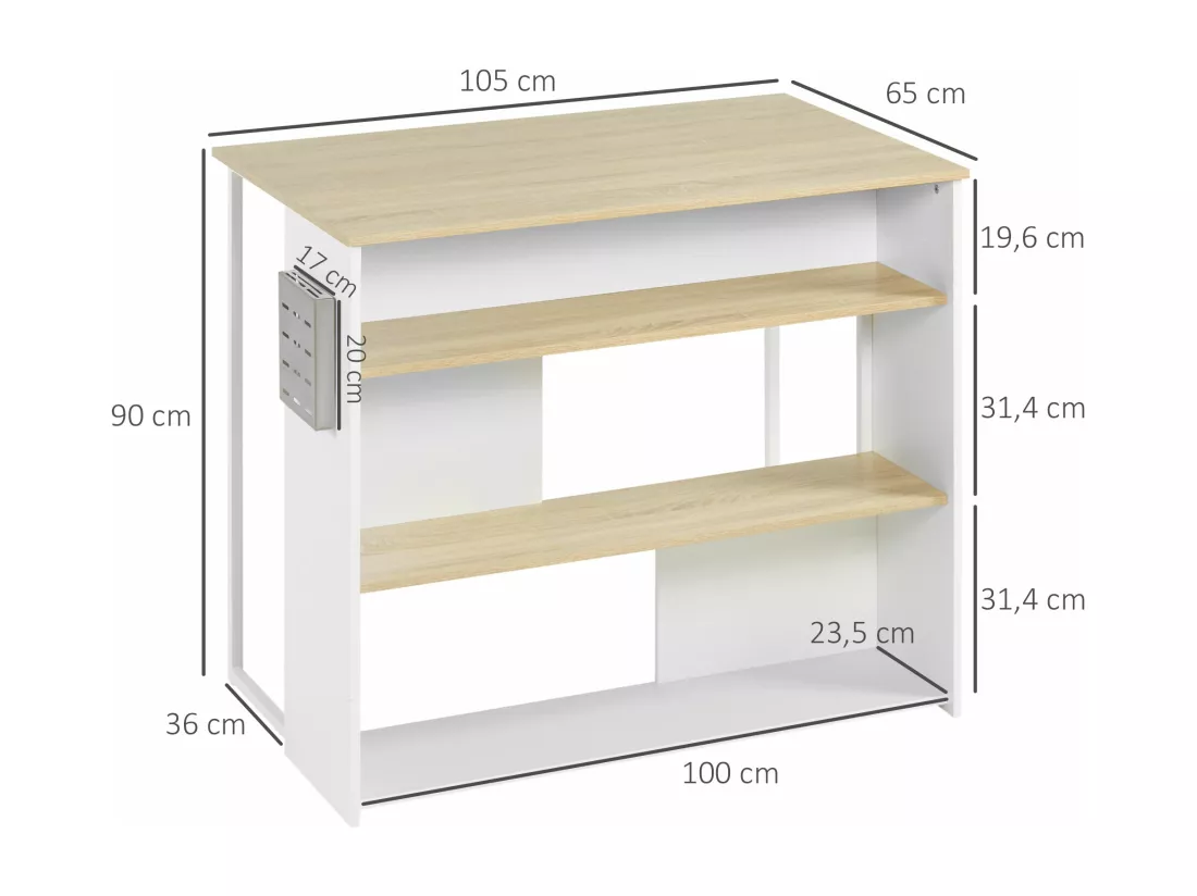 Ilot de cuisine table de bar - 3 étagères, porte-couteaux acier inox. - blanc aspect chêne clair