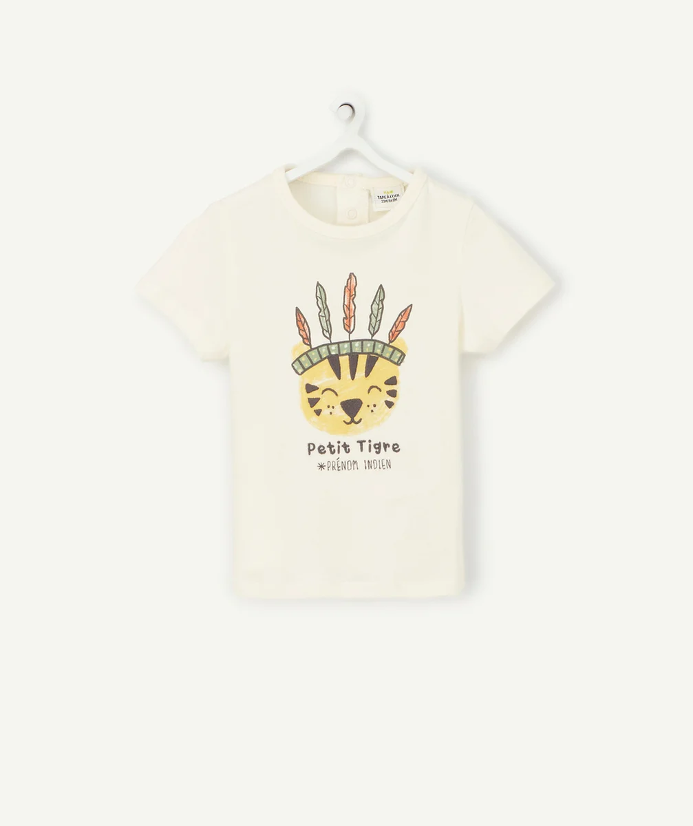 T-SHIRT BÉBÉ GARÇON EN FIBRES RECYCLÉES ÉCRU AVEC TIGRE INDIEN