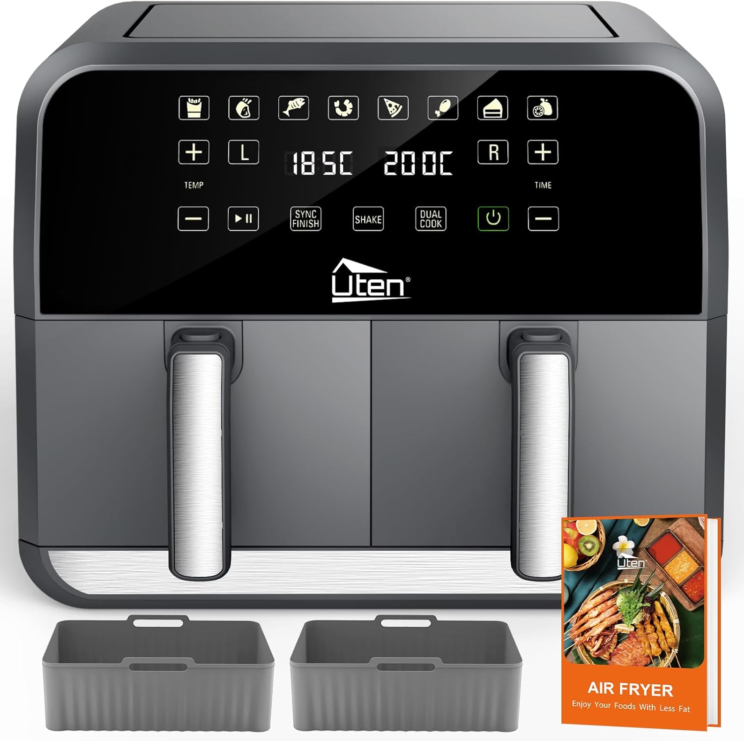Uten Doppel Heißluftfritteuse, 8L Heißluftfritteuse Dual Zone, XXL Airfryer mit 2 Kammern, Silikonpads, 114 Rezepte, Digitalanzeige mit SYNC FINISH, Shake-Erinnerung, Spülmaschinenfest, E1905