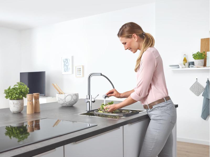 GROHE Küchenarmatur Blue Home L-Auslauf, Starter Kit, Chrom Die frischste Wasserquellen