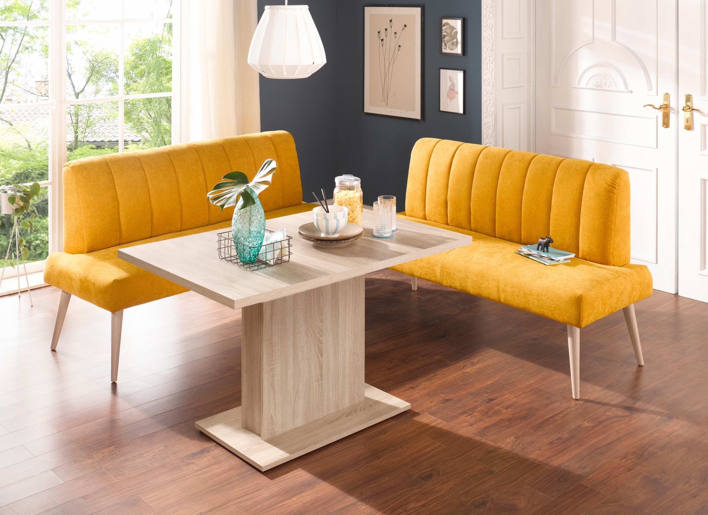 exxpo - sofa fashion Sitzbank »Costa, moderne Rückensteppung, bequem und elegant, hoher Holzfuss« hochwertige Detailverarbeitung, Frei im Raum stellbar