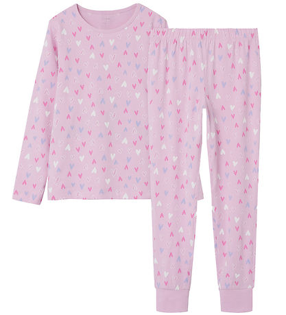 Name It Natt?j - Noos - NkfNightset - Pink Lavender m. Hjerter