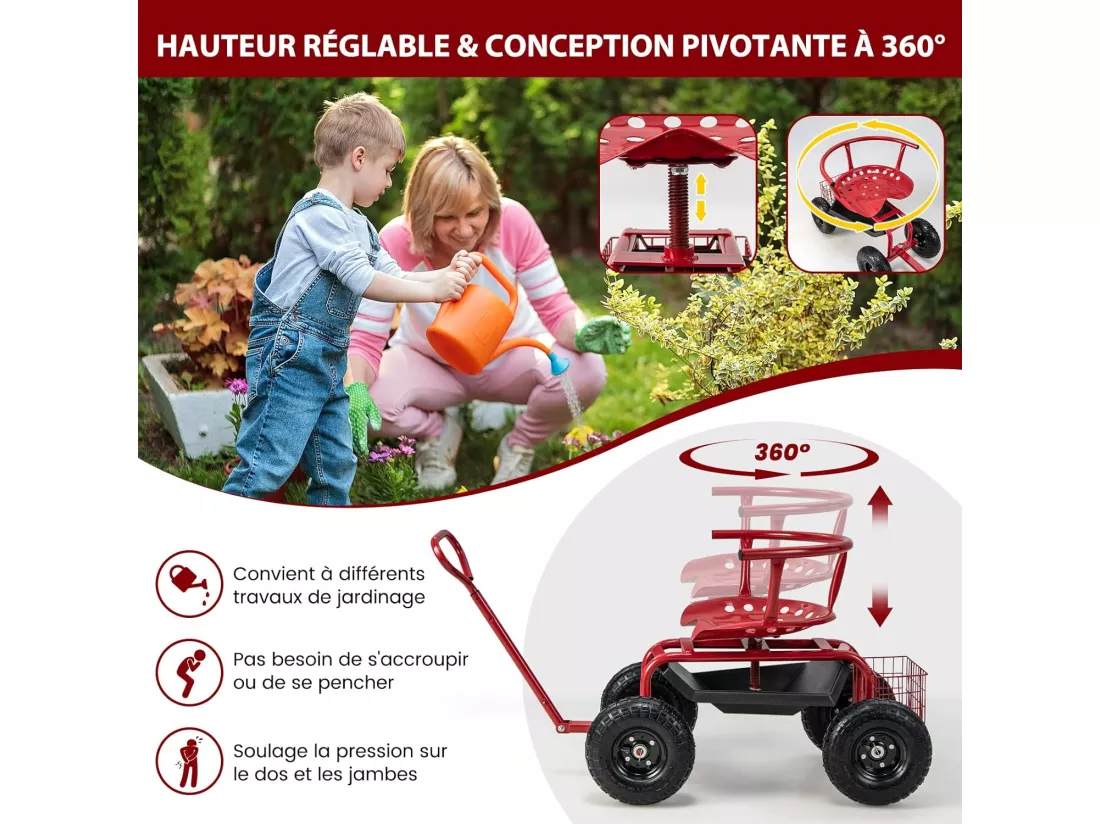 Siège de Jardin Roulant pour Travail avec Poignée Extensible, Chariot Jardinage avec Siège Pivotant à 360° Plateau Panier de Rangement Coussin Charge 135KG, pour Pelouse Atelier