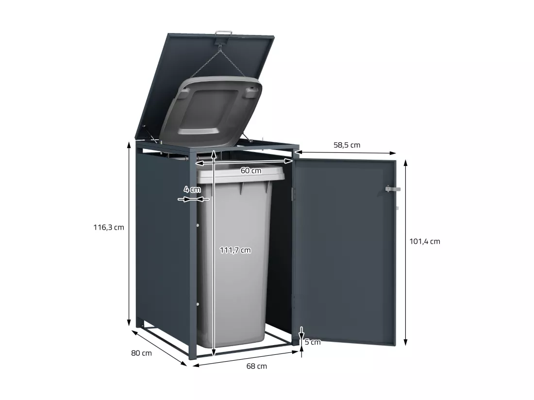 Abri pour poubelle 240L en acier anthracite 68x80x116,3 cm avec poignées 2 clés