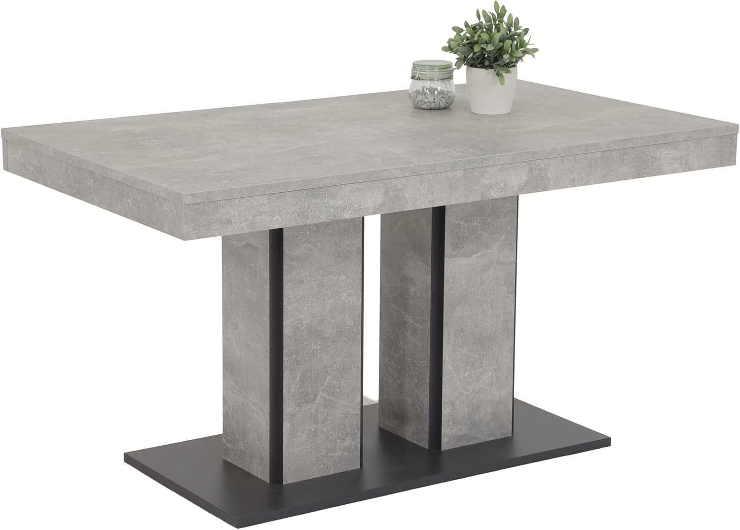 Hela Tische, Esstisch Säulentisch Rose, Holzwerkstoff meleminbeschichtet, Betonoptik,zwei Säulenfüße und Bodenplatte, ausziehbar 140-180x80cm