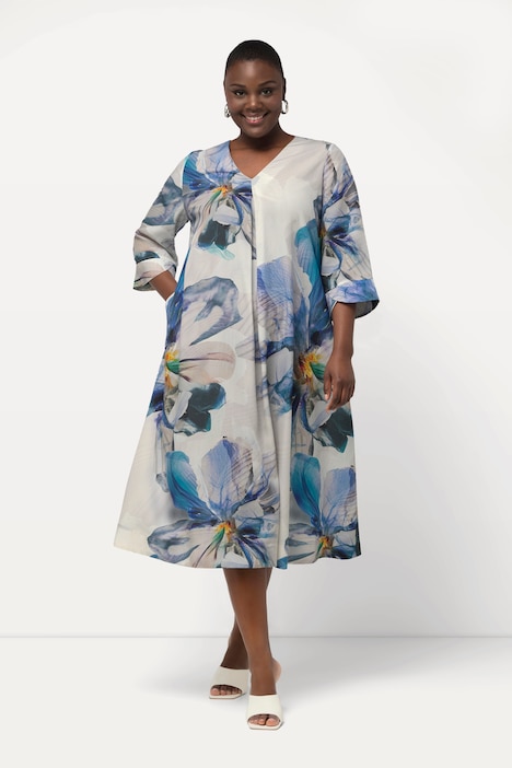 Midikleid, Lyocell, A-Linie, V-Ausschnitt, 3/4-Arm