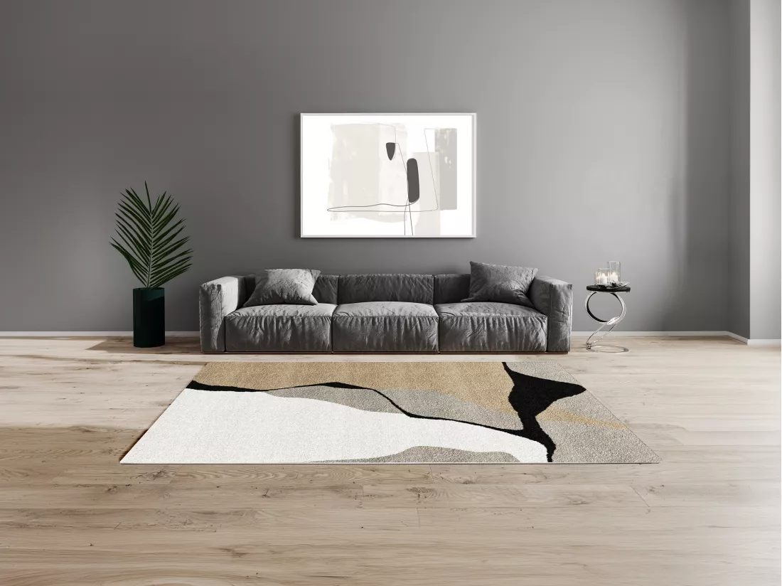 Tapis design abstrait - 160 x 230 cm - Beige, taupe et blanc- BRADILI