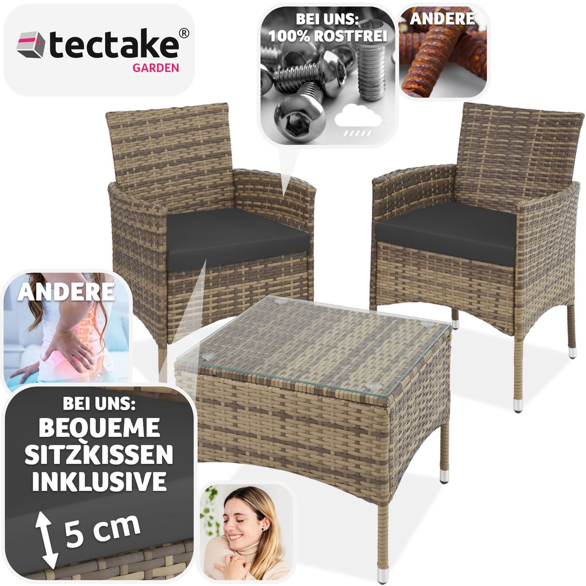 tectake Luzern rotanset voor 2 personen, 2 hoessets