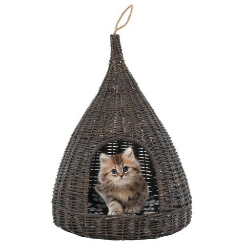 Casinha de gato cinza em formato de tipi com almofada.