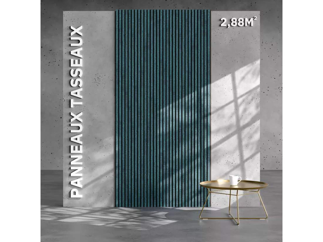 Lot de 2 Panneaux Tasseaux Bois - Bleu Oxyde Feutre Noir - 2,88 m², 2400 x 600 mm, Mon Marché Déco