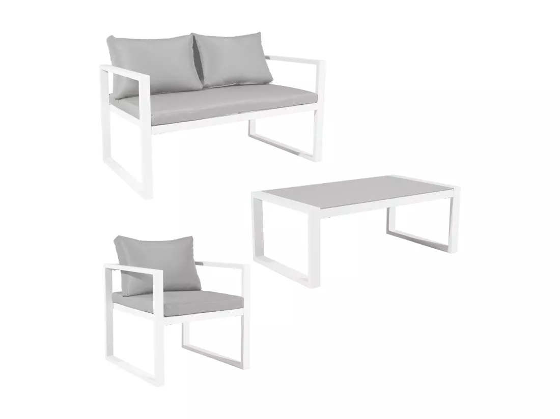 Salon de jardin IBIZA en tissu gris 4 places - aluminium blanc - HAPPY GARDEN